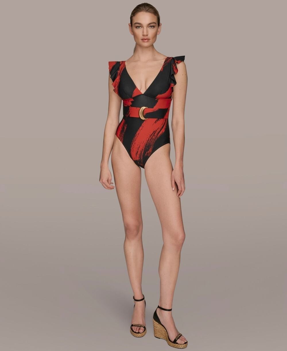 Donna Karan New York Belted Flutter-Sleeve One-Piece Swimsuit Size M 1956